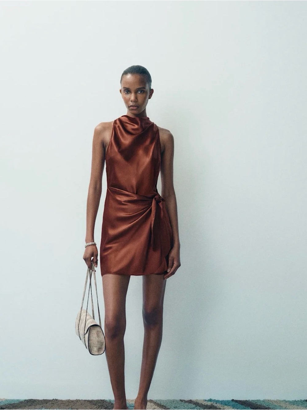 Reformation Rust Satin Cowl Neck Tie-Waist Mini Dress